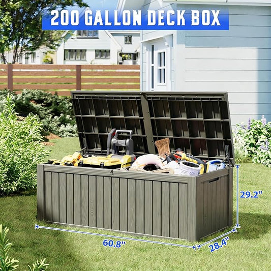 Outdoor Storage Box, Resin Deck Box Indoor and Outdoor, Waterproof Lockable Lid, Grey, 200 Gallon