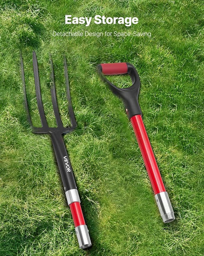 VEVOR Garden Fork, 4-Tine Gardening Pitchfork with Fiberglass Handle, 45 in Heavy Duty Digging Fork with Y Grip, Forged Steel Spading Fork for Hay Potato Composting Transplanting Aeration