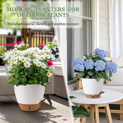 Self Watering Pots for Inoor Ourdoor Plants 10/9/8/7/6.5 Inch Plastic Planters with Drainage Holes & Water Level Indicator, Decorative House Flower Nursery Planting Pots with Saucers (White)