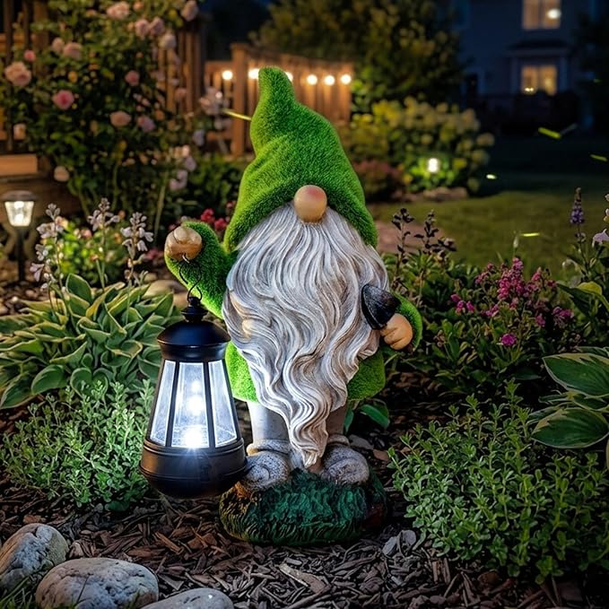 TERESA'S COLLECTIONS Christmas Outdoor Statue for Home, Resin Gnome Decorations with Solar Outdoor Lights for Garden Decor,Green Garden Sculptures & Statues for Front Patio Lawn, Gifts for Mom,8"