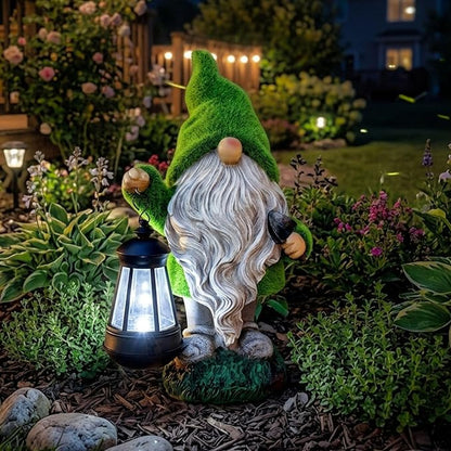 TERESA'S COLLECTIONS Christmas Outdoor Statue for Home, Resin Gnome Decorations with Solar Outdoor Lights for Garden Decor,Green Garden Sculptures & Statues for Front Patio Lawn, Gifts for Mom,8"