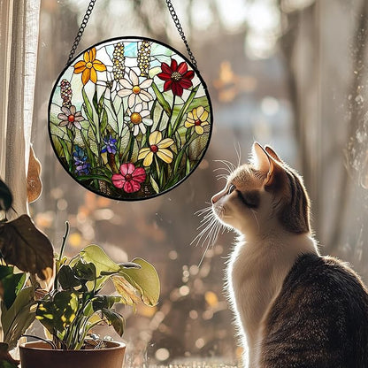 DASTOLL Stained Glass Window Hanging, Colorful Wildflowers Plant Scenery Suncatcher for Doors Window Home White Green Sun Catchers Decor Mother's Day Birthday Gifts for Women, Men Mom 15 in