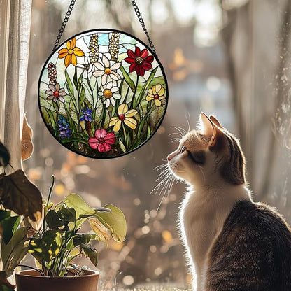 DASTOLL Stained Glass Window Hanging, Colorful Wildflowers Plant Scenery Suncatcher for Doors Window Home White Green Sun Catchers Decor Mother's Day Birthday Gifts for Women, Men Mom 11.8 in