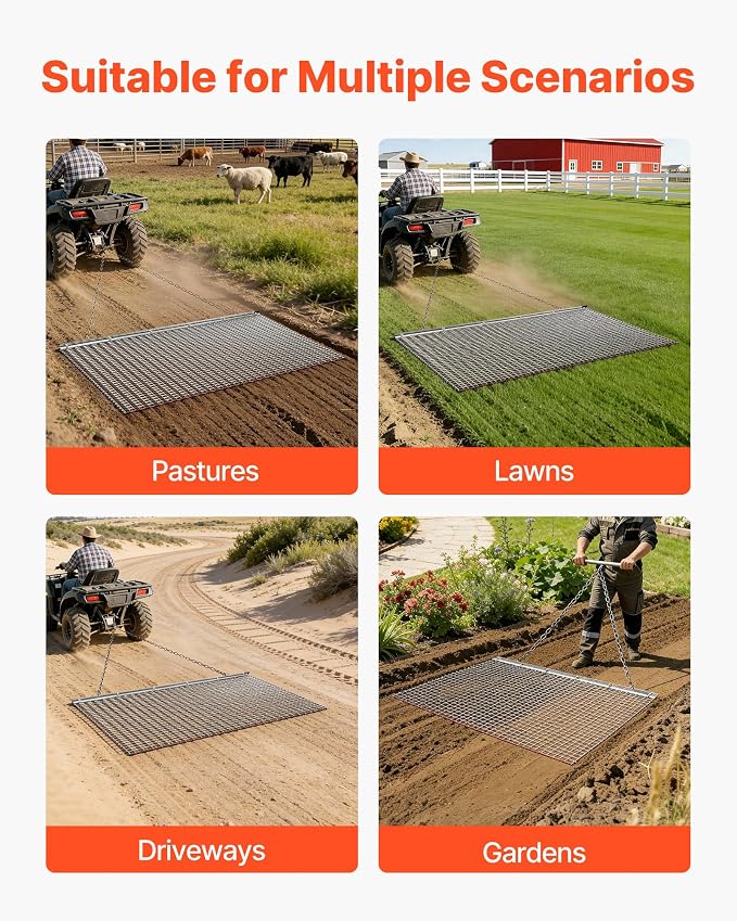 VEVOR Drag Harrow, 6 x 3 ft, High-Efficiency Chain Harrow Rake, ATVs UTVs Tractors Attachments, Durable Galvanized Steel Mesh Drag Mat with Towing Chain, for Gravel Driveway Ruts Farm Field Leveling