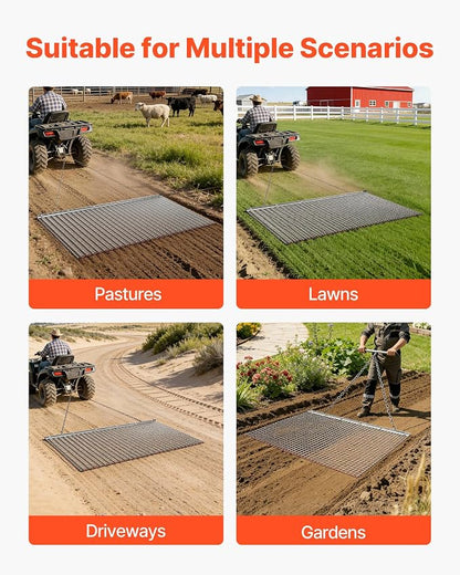 VEVOR Drag Harrow, 6 x 3 ft, High-Efficiency Chain Harrow Rake, ATVs UTVs Tractors Attachments, Durable Galvanized Steel Mesh Drag Mat with Towing Chain, for Gravel Driveway Ruts Farm Field Leveling