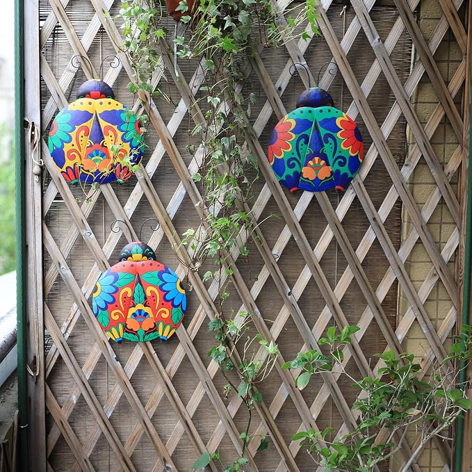Scwhousi Metal Ladybugs Outdoor Wall Decor,Mexican Pottery Outdoor Decor,Talavera Garden Decoration Hanging for Fence,Yard, Patio,Living Room,Bedroom,Muticolored