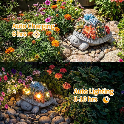 Solar Turtle Garden Outdoor Decor with Succulent & 7 LED Lights – Outside Tortoise Statue Decor for Yard Patio Balcony & Backyard - Home House Decoration Art - Gift for Men Dad Women Mom
