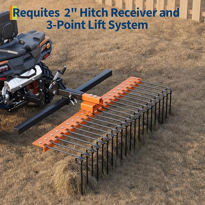 Tow Behind Landscape Rake, 60" Tow Dethatcher with 21 Steel Tines, Lawn Dethatcher Rake Attaches to Category 1, 3 Point Hitch for Tractor, for Leaves, Pine Needles, Straw, and Grass