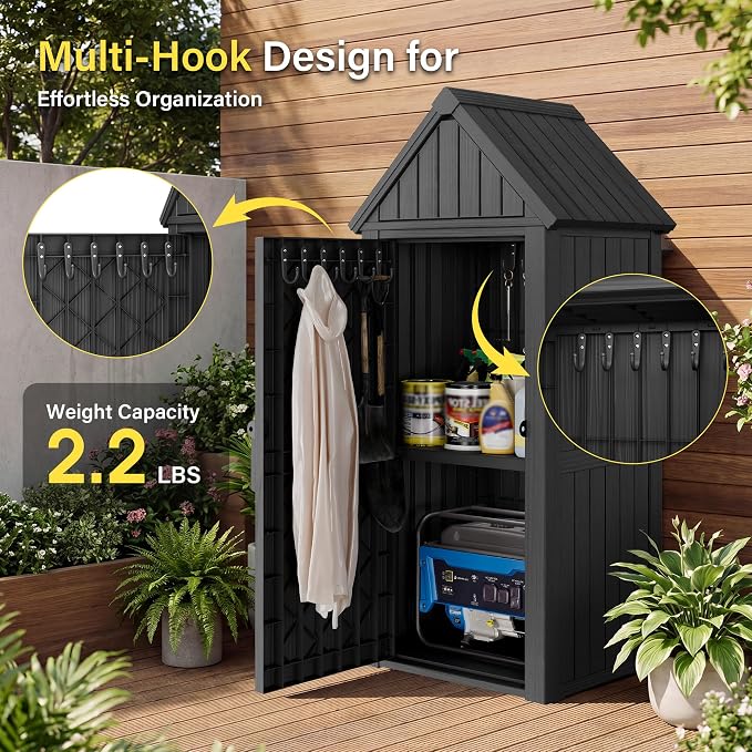 Bifanuo Deck Box Storage Shed Outdoor Storage Cabinet, Vertical Waterproof Resin Material Plastic Shed with Removable Shelves, 12 Hooks and Lock Ring for Garden, Pool and Patio (Classic Black)