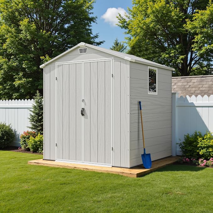 Greesum 6x6FT Plastic Outdoor Storage Shed with Floor, Resin Sheds with Lockable Double Door, Tool Sheds with Window and Vents, for Garden, Yard, Patio, Light Gray