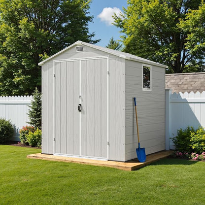 Greesum 6x6FT Plastic Outdoor Storage Shed with Floor, Resin Sheds with Lockable Double Door, Tool Sheds with Window and Vents, for Garden, Yard, Patio, Light Gray