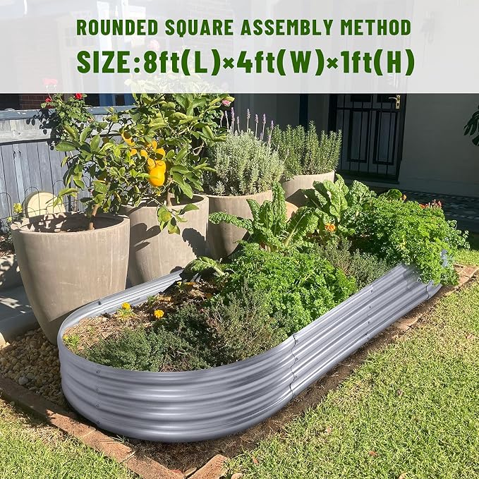 A curved corrugated metal raised garden bed filled with green plants, shown outdoors on grass with potted plants and a house in the background. Text at the top reads 'ROUNDED SQUARE ASSEMBLY METHOD' and 'SIZE: 8ft(L) x 4ft(W) x