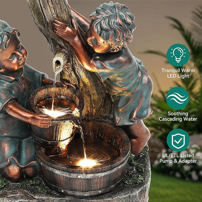 AUTODAYA 31" Boy and Girl Outdoor Fountain LED 3-Tier Cascading Waterfall | hand-painted bronze, nostalgic barrel and children design, patio yard Porch Garden