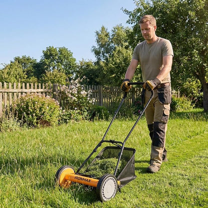 IRONMAX Lawn Mower, 16 Inch Push Reel Lawn Mower with 5 Steel Blades, Adjustable Cutting Heights, Grass Catcher Bag, Walk-Behind Manual Lawnmower for Garden Park Yard, No Motor (Orange, 16 Inch)