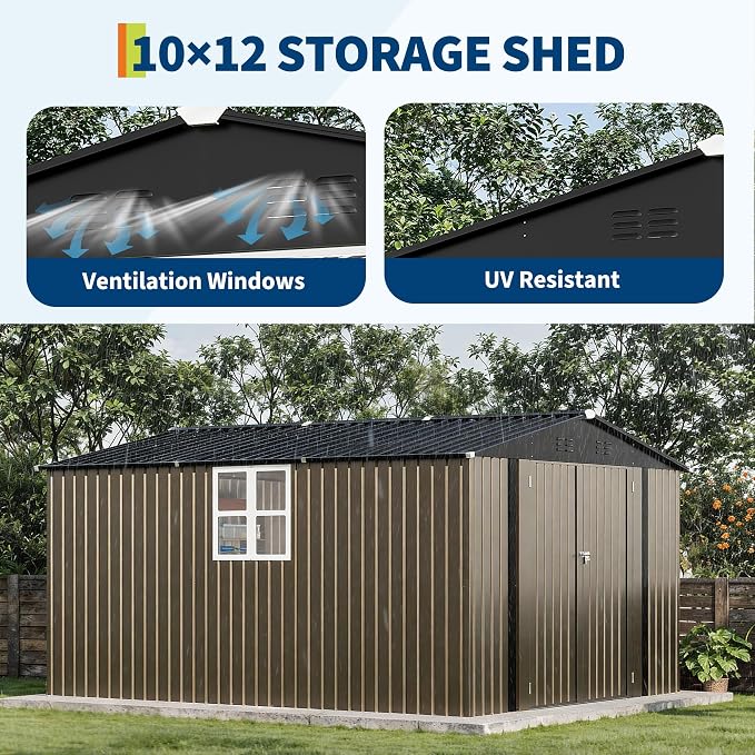 Garvee 10x12FT Metal Shed: Lockable, Windowed Steel Yard Storage, Brown. | Rust-resistant galvanized steel – withstands harsh weather for years.