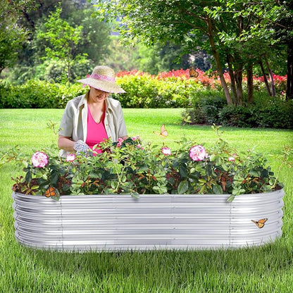 Aoodor Galvanized Raised Garden Bed Kit, 6.6 x 2.6 x 1.4 Ft, Oval Planter Box for Vegetables, Flowers, and Herbs, Outdoor Use, Silver