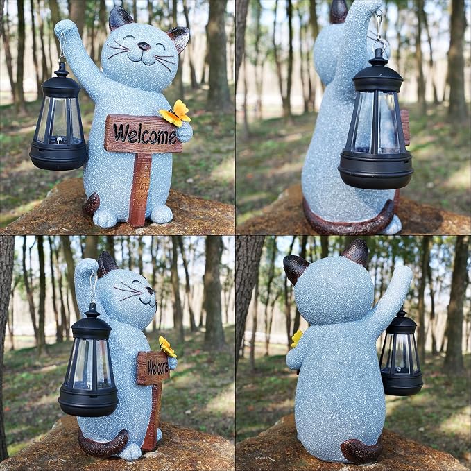 Juegoal Garden Statue Solar Cat Figurine with LED Lantern, Mothers Day 10" Resin Kitten Hold Welcome Sign, Outdoor Whimsical Lawn Porch, Lighted Housewarming Birthday for Mom Grandma