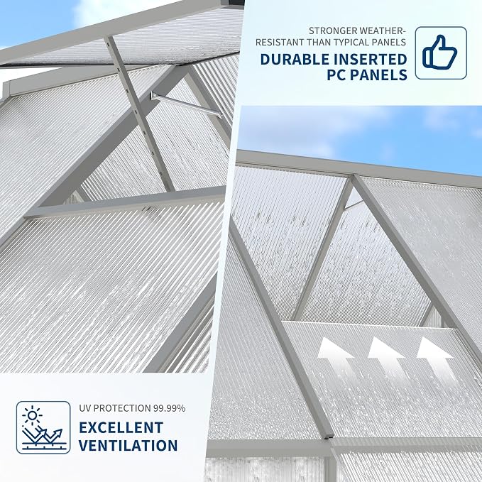 GarveeLife 8X14FT Polycarbonate Greenhouse with Aluminum Frame, Polycarbonate Greenhouse for Outdoors, Greenhouses with Ventilation and Rain Gutter, Aluminum Large Walk-in Greenhouses for Outside