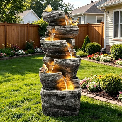 39.4" Stacked Rock Outdoor Fountain LED 6-Tier Bird Waterfall | hand-carved stone with birds, garden patio porch backyard