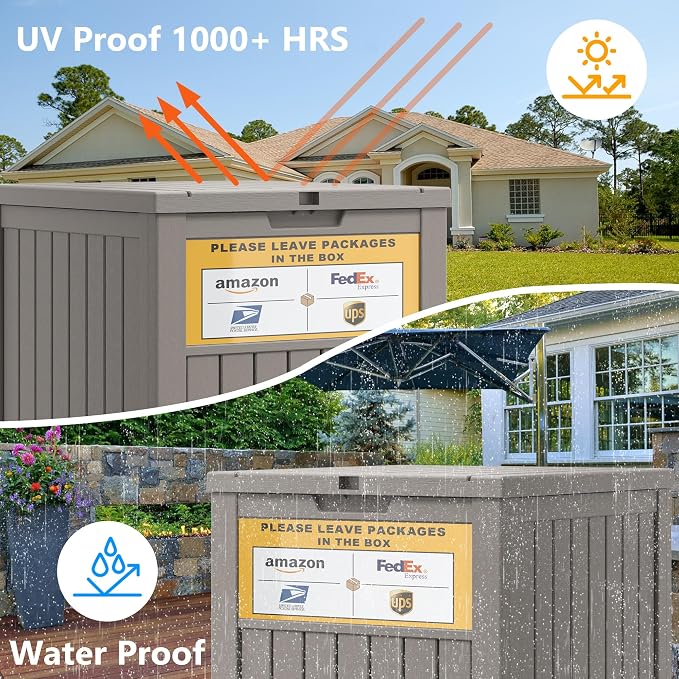 LHBGO Package Delivery Box for Outside, with Delivery Sign 48 Gallon Storage with Lockable Secure, Large Resin Outdoor Package Drop Container