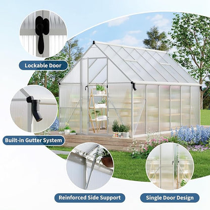 GarveeLife 8X12FT Polycarbonate Greenhouse with Aluminum Frame, Polycarbonate Greenhouse for Outdoors, Greenhouses with Ventilation and Rain Gutter, Aluminum Large Walk-in Greenhouses for Outside