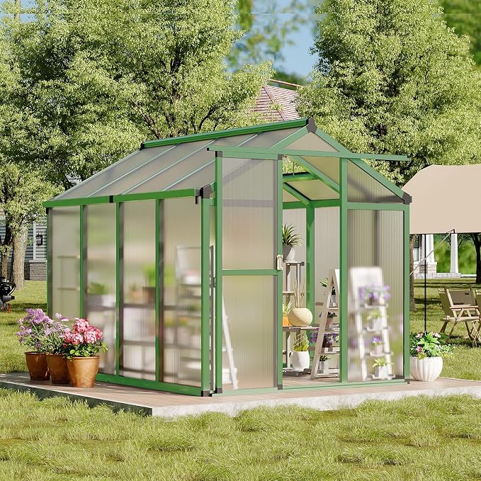 Greenhouse, 6x8 FT Greenhouse for Outdoors, Walk-in Green House with Ground Nails and Vent Windows, Sliding Lockable Door, Polycarbonate Greenhouses for Outside Garden Backyard, Quick Setup, Green