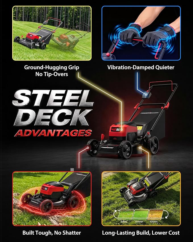 PowerSmart 40V 17" Cordless Lawn Mower with Steel Deck, Brushless Motor, Mulch/Bag/Side Discharge, 4.0Ah Battery and Charger , up to 1/8 Acre