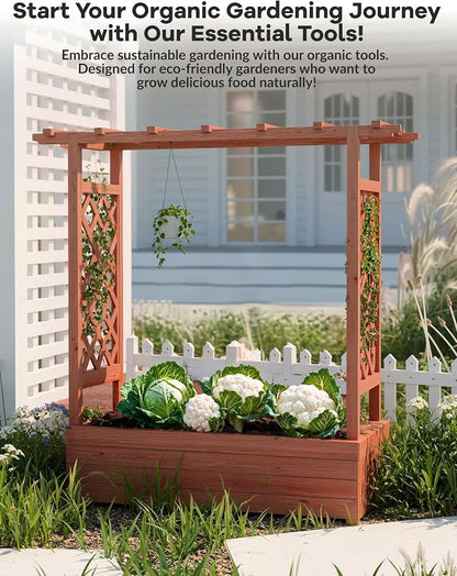 Garvee Raised Garden Bed with Trellis & Hanging Roof, Wood Planter Box with Bottom and Drainage Holes, Freestanding Garden Planter for Flower Vegetable Fruit Herb Climbing Vines, 43“x17“x44“