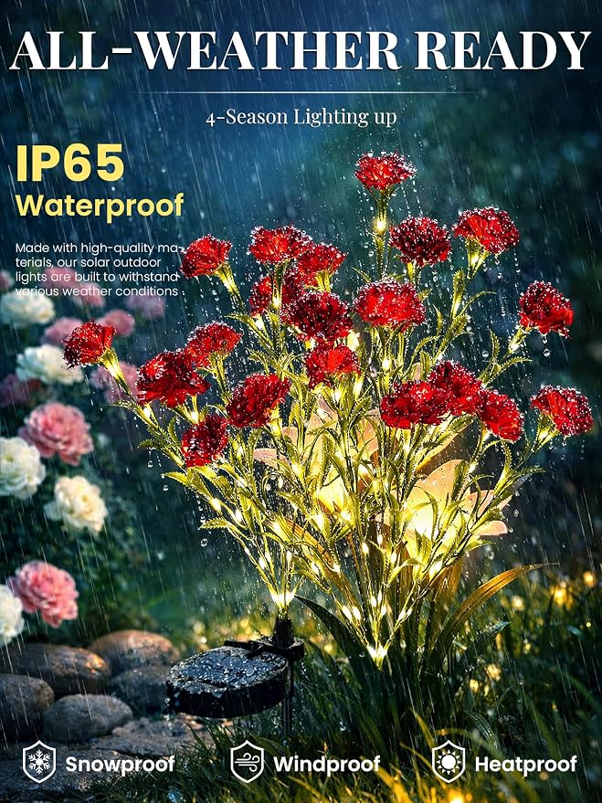 GIGALUMI Solar Lights Outdoor for Garden Decor, 2 Pack Solar Flower Lights Waterproof, 2 Lighting Modes 14 Carnations for Pathway,Yard, Patio Decoration, Gardening Gifts for Women (Red)