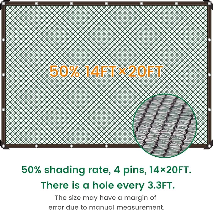 Shade Cloth, 14FT X 20FT 50% Green Outdoor Woven Sun Shade with Grommets, Durable Breathable Netting Shading Antifreezing for Patio, Garden, DIY Home, Plants Cover, Greenhouse, Dog Kennel