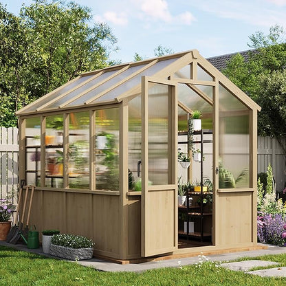 Garvee 6x8 FT Wooden Greenhouse - Walk-in Greenhouses for Outdoors, Large Spruce Frame Green House with PC Panels, Adjustable Roof Vents & Lockable Door, Green Houses for Garden,Backyard,Patio,Lawn