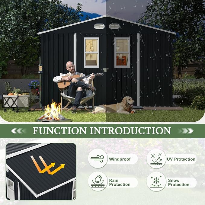 KEIKI Large 8x10 Metal Shed with Four Windows, Lockable Outdoor Storage Shed for Backyard, Tiny House Sheds, Metal Storage Shed for Tools & Equipment, Sheds and Outdoor Storage, Dark Gray