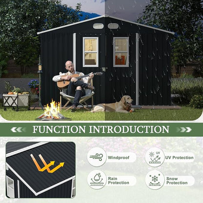 KEIKI Large 8x10 Metal Shed with Four Windows, Lockable Outdoor Storage Shed for Backyard, Tiny House Sheds, Metal Storage Shed for Tools & Equipment, Sheds and Outdoor Storage, Dark Gray