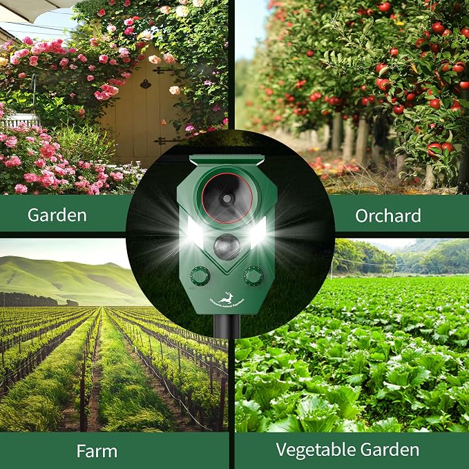 Solar Deer Repellent Devices Outdoor - Ultrasonic Animal Repellent with Motion Sensor & Strobe Lights, 4 Pack Waterproof Cat Repellent Outdoor, Repels Raccoon, Coyote for Garden & Lawn