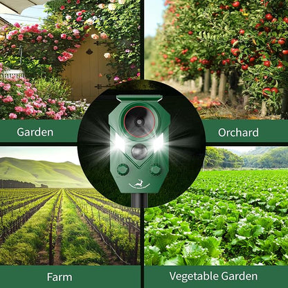 Solar Deer Repellent Devices Outdoor - Ultrasonic Animal Repellent with Motion Sensor & Strobe Lights, 4 Pack Waterproof Cat Repellent Outdoor, Repels Raccoon, Coyote for Garden & Lawn