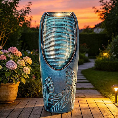 Autodaya 33" H Ceramic Jar Outdoor Water Fountain, Banana Leaf-Texture | Artisan High-Fired Glaze, Warm Ambient LED Lighting, Upgraded Pump, Soothing Cascading Water Feature For Garden Patio Yard
