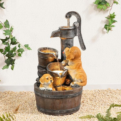 Glitzhome Water Fountain Outdoor, Outdoor Fountain with Lights & Pump, 23.75" H Cute Dog Playing Around The Water Polyresin Cascading Waterfall Floor Standing Water Feature for Garden, Patio