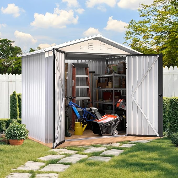 DWVO 6x4ft Small Tool Storage Shed, Lockable Doors, and Sloped Roof, Oversized Steel Outdoor Storage Shed for Garden, Patio, Garage, Backyard, Lawn - White