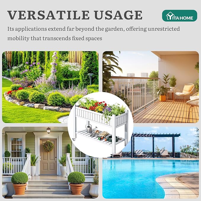 YITAHOME 3.6x1.5x2.8 FT Elevated Garden Bed Kit with Legs and Wheels, Outdoor Large Resin Planter Box Stand with Drain Plug and Storage Shelf for Plants Vegetables Fruits, Grayish-White