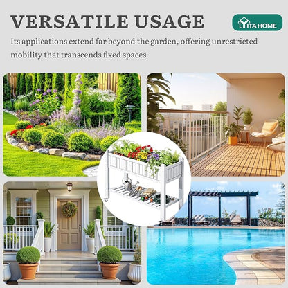 YITAHOME 3.6x1.5x2.8 FT Elevated Garden Bed Kit with Legs and Wheels, Outdoor Large Resin Planter Box Stand with Drain Plug and Storage Shelf for Plants Vegetables Fruits, Grayish-White