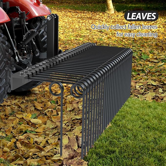 Garvee 60 Inch 3 Point Tractor Rake, Pine Straw Needle Rake, Durable Powder Coated Steel Spring Landscape Rakes Fit for Cat0,Cat1,Black