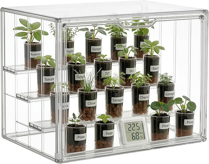 HBlife Mini Greenhouse for Indoor, Clear Stackable Green House with Magnetic Door & Adjustable Drainage Dividers, Tabletop Portable Greenhouse for Small Plants Nursery Germination and Display, 1 Pack