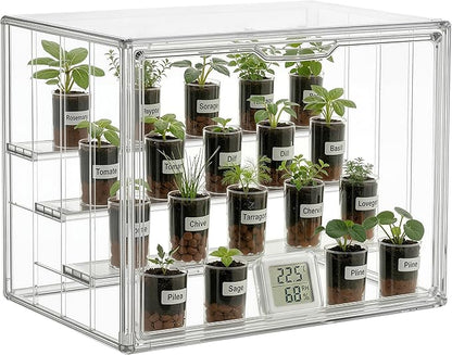 HBlife Mini Greenhouse for Indoor, Clear Stackable Green House with Magnetic Door & Adjustable Drainage Dividers, Tabletop Portable Greenhouse for Small Plants Nursery Germination and Display, 1 Pack