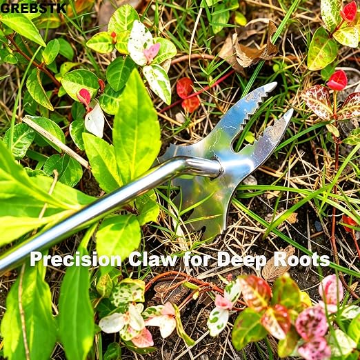 GREBSTK Deep Root Weed Puller, Stainless Steel Heavy Duty 5+2 Tooth | 5-Tooth Surface & 2-Tooth Root Claws, Rustproof Steel, Non-Slip Grip, for Dandelion, Thistle, Crabgrass in Lawns & Beds