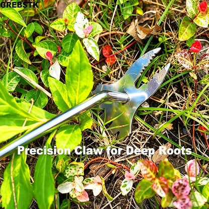 GREBSTK Deep Root Weed Puller, Stainless Steel Heavy Duty 5+2 Tooth | 5-Tooth Surface & 2-Tooth Root Claws, Rustproof Steel, Non-Slip Grip, for Dandelion, Thistle, Crabgrass in Lawns & Beds