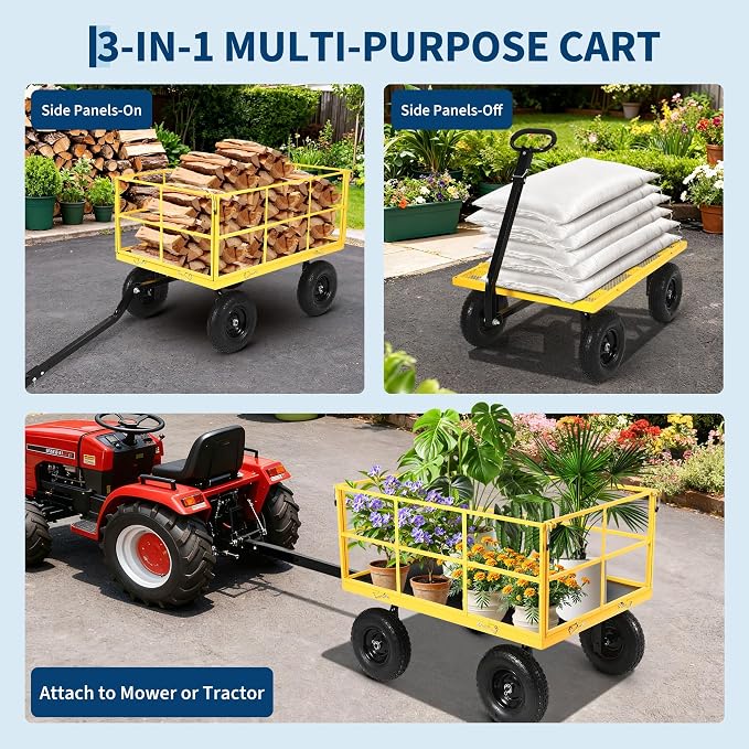 Heavy Duty 1500 Lbs Capacity Mesh Steel Garden Cart Folding Utility Wagon with Removable Sides, Garden Cart on Wheels for Gardening Soil, Tools, and Plant Transport