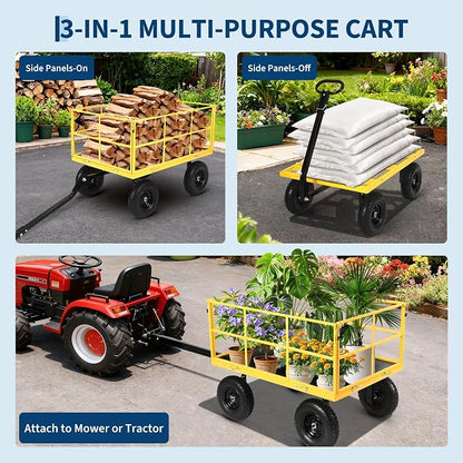 Heavy Duty 1500 Lbs Capacity Mesh Steel Garden Cart Folding Utility Wagon with Removable Sides, Garden Cart on Wheels for Gardening Soil, Tools, and Plant Transport