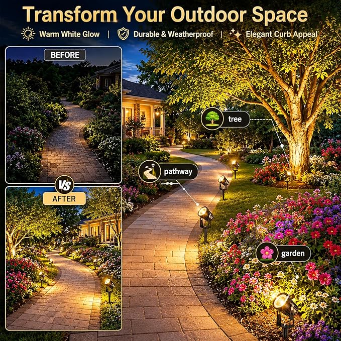 Plug and Play Low Voltage Landscape Lighting Kit, 6-Pack Wired Landscape Lights with Smart Transformer, Warm White Waterproof Outdoor LED SpotLights for Yard, Garden, Pathway, Tree