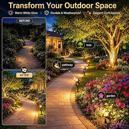 Plug and Play Low Voltage Landscape Lighting Kit, 6-Pack Wired Landscape Lights with Smart Transformer, Warm White Waterproof Outdoor LED SpotLights for Yard, Garden, Pathway, Tree