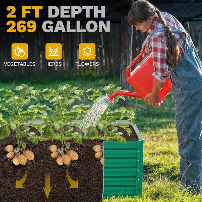 DWVO Raised Beds for Garden,870L Raised Bed Metal,0.35mm Galvanised Steel galvanised Planter with Safety Edging&4pcs Support Rod for Garden Vegetables Fruit(Green 180X90X54CM)